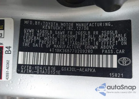 2007 Toyota Avalon Limited z USA, uszkodzony, nr VIN 4T1BK36B77U209280